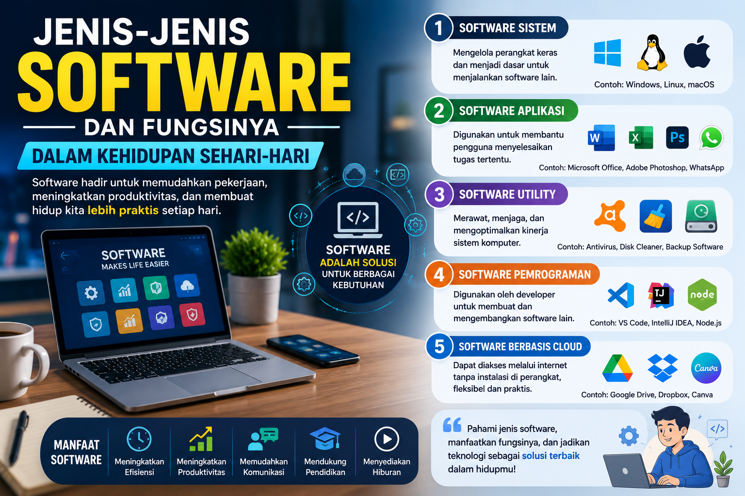 Pelajari berbagai jenis software dan fungsinya dalam kehidupan sehari-hari. Dari sistem operasi hingga aplikasi, semua dijelaskan secara lengkap dan mudah dipahami.
