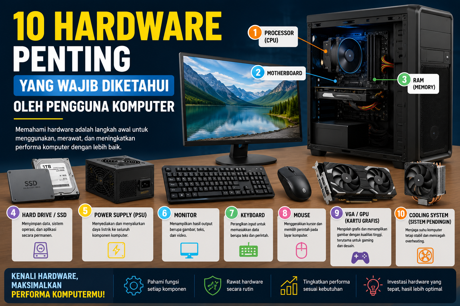 Kenali 10 hardware penting pada komputer yang wajib diketahui. Pelajari fungsi setiap perangkat keras untuk meningkatkan pemahaman dan penggunaan komputer secara optimal.