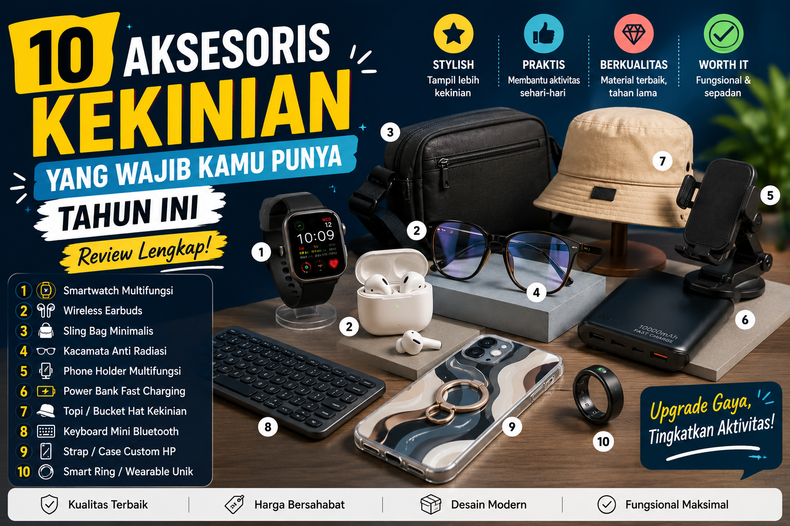 Temukan 10 aksesoris kekinian yang wajib kamu punya tahun ini. Review lengkap, stylish, dan fungsional untuk menunjang aktivitas sehari-hari.